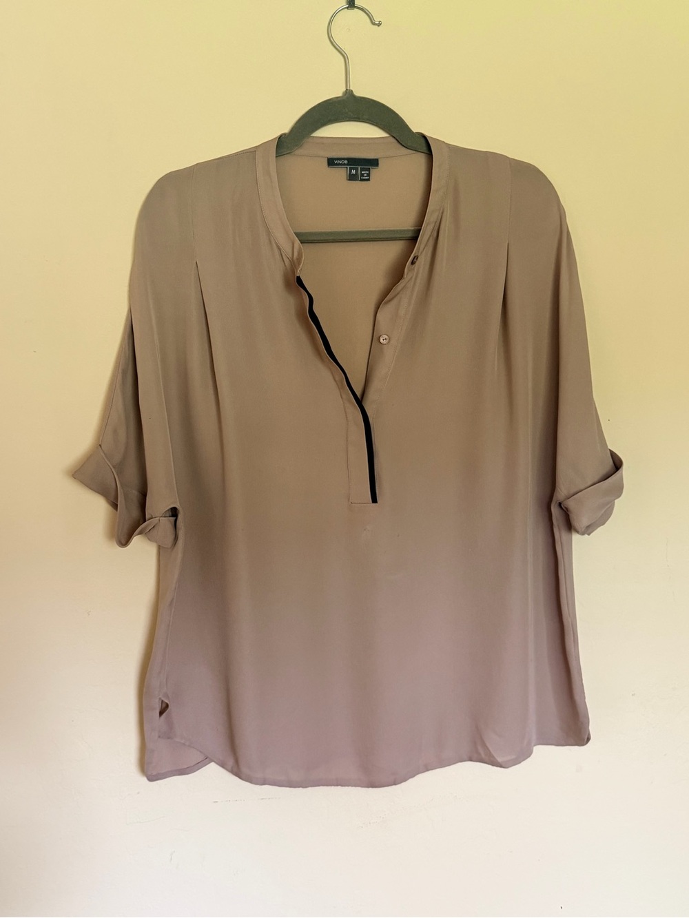Vince Taupe Roll-Tab Henley Blouse with Black Placket Trim